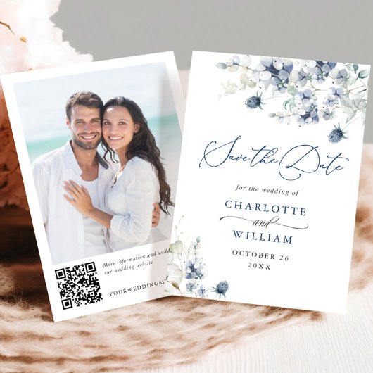Save The Date Elégant Hiver Blue Foliage Boho Mariage QR code