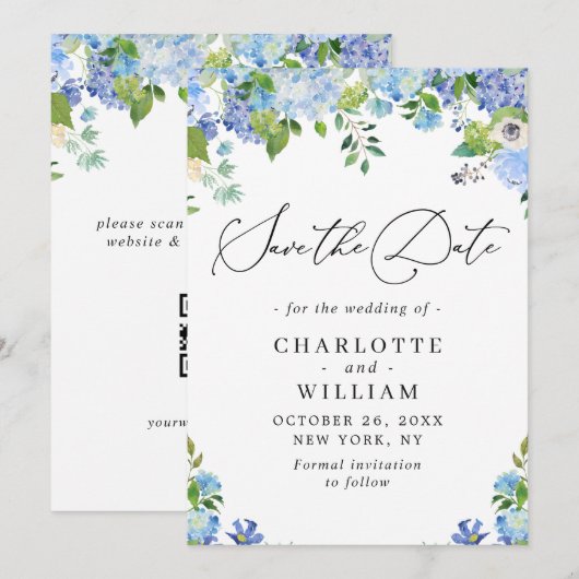 Save The Date Élégant Hydrangea Bleu Verdure Mariage QR (Devant / Derrière)