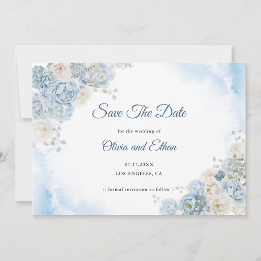 Save The Date Elégant Ice Bleu Rose Fleurs Mariage (Devant)