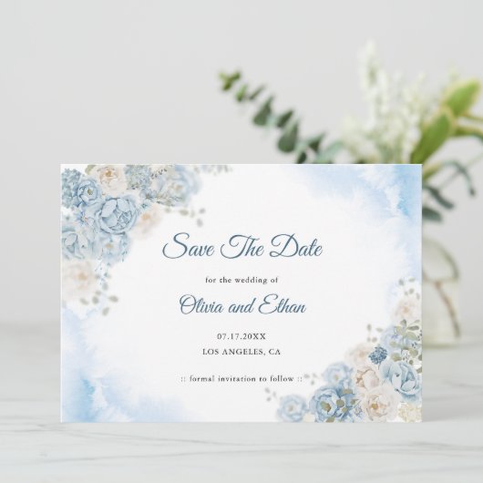 Save The Date Elégant Ice Bleu Rose Fleurs Mariage (Debout devant)