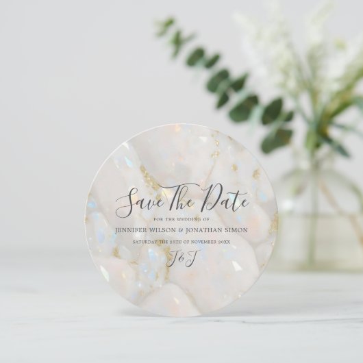 Save The Date Élégant Iridescente Opal Gemstone Marbre Moderne (Debout devant)