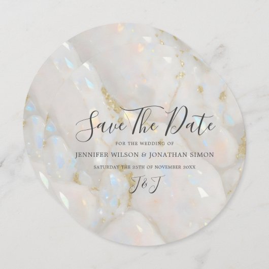 Save The Date Élégant Iridescente Opal Gemstone Marbre Moderne (Devant / Derrière)