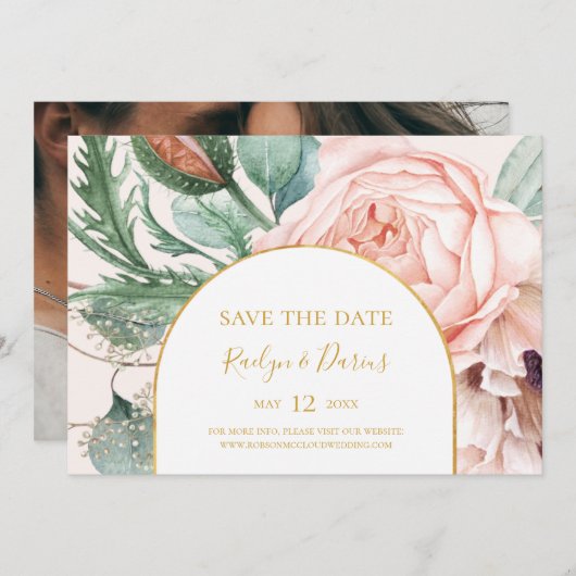 Save The Date Élégant jardin floral Pastel Photo horizontale Enr (Devant / Derrière)
