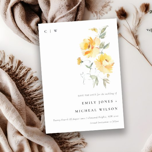 Save The Date Elégant Jaune Vert Aquarelle Rose Flower Bunch