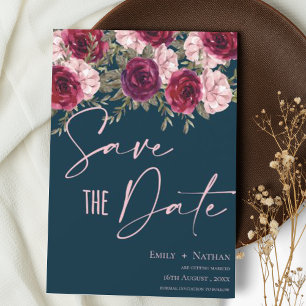 Save The Date Élégant Joli Mariage bleu floral de Pêche Burgundy