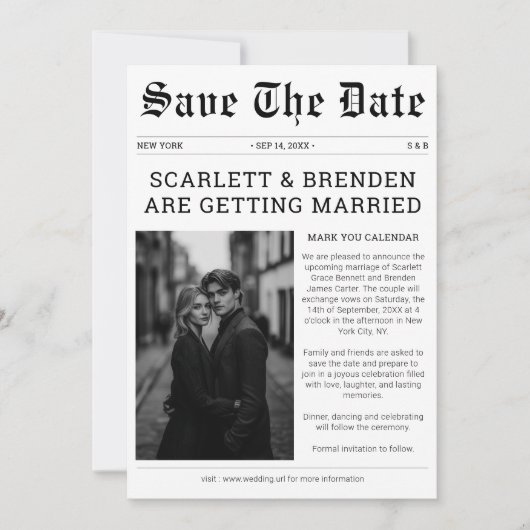 Save The Date Élégant journal Mariage noir et blanc Photo (Devant)