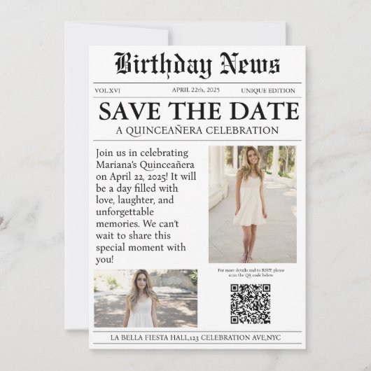 Save The Date Elégant journal moderne Quinceañera qr code (Devant)
