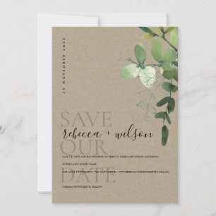 SAVE THE DATE ELÉGANT KRAFT VERT EUCALYPTUS FOLIOR D'EAU