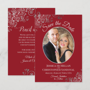 Save The Date Élégant Lacis Argent sur Photo de Mariage Rouge Cr