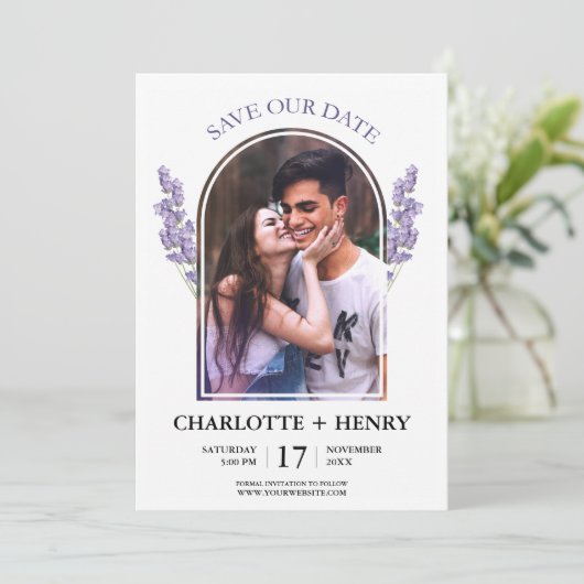 Save The Date Élégant Lavande Photo Enregistrer La Date Invitati (Debout devant)