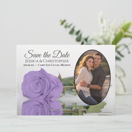 Save The Date Élégant Lavande violet Rose Oval Photo Mariage (Debout devant)