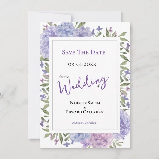 Save The Date Élégant Lilac & Dusty Blue Hydrangeas Mariage (Devant)