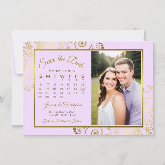 Save The Date Élégant Lilac Purple & Gold Calendrier Mariage pho (Devant)