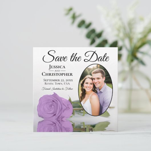 Save The Date Élégant Lilac violet Rose et Mariage photo ovale (Debout devant)