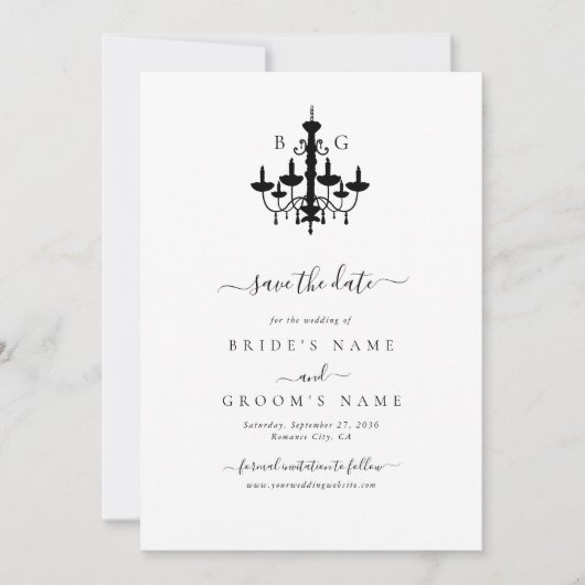 Save The Date Élégant lustre noir blanc Mariage (Devant)