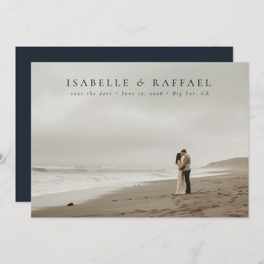 Save The Date Elégant Luxueux Photo Formelle Noir Bleu Mariage (Devant / Derrière)