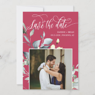 Save The Date Élégant Magenta Green Feuilles QR Code Mariage pho