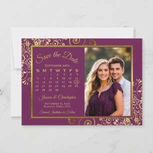 Save The Date Élégant Magenta Plum & Gold Calendar Mariage photo