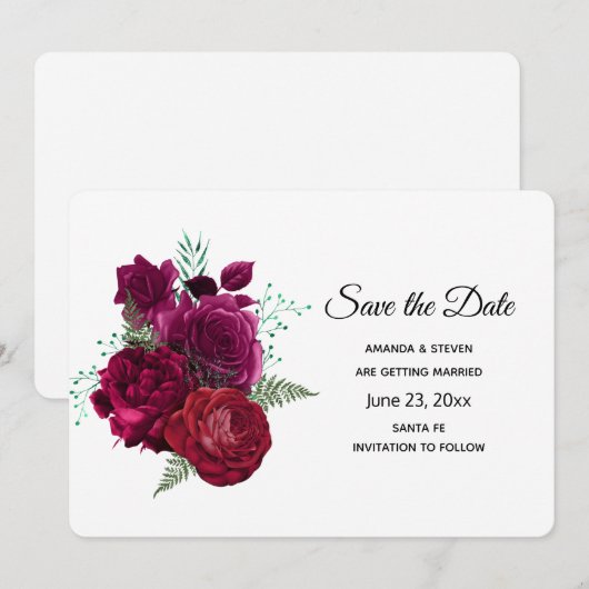 Save The Date Elegant Magenta Rose Floral Bouquet (Devant / Derrière)
