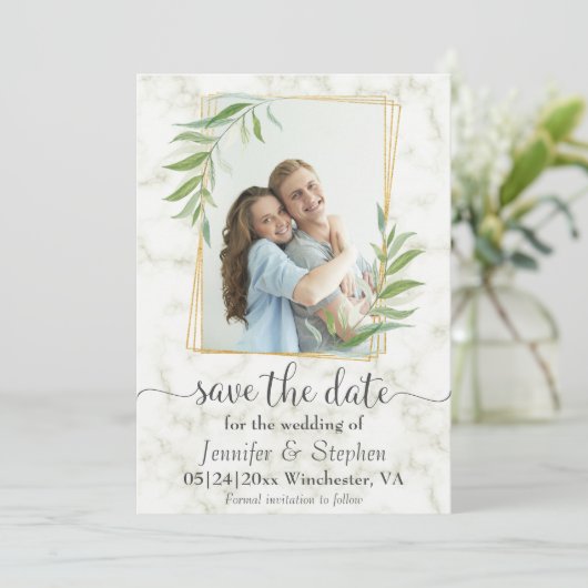 Save The Date Elégant Marble Gold photo mariage Enregistrer la d (Debout devant)