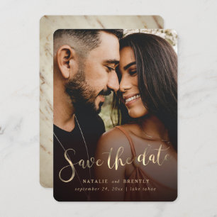 Save The Date Élégant Marble Gold Script et photo entièrement do