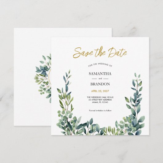 Save The Date Élégant mariage aquarelle botanique de verdure (Devant / Derrière)