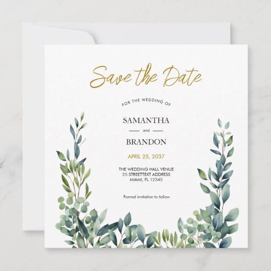 Save The Date Élégant mariage aquarelle botanique verdure (Devant)