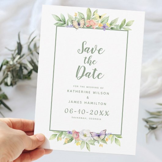 Save The Date Elégant Mariage Aquarelle Floral Papillon Vert