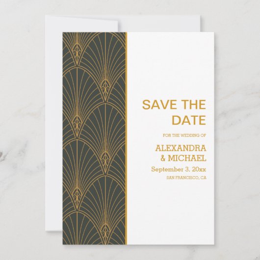 Save The Date Élégant Mariage Art Déco Gold Green (Devant)