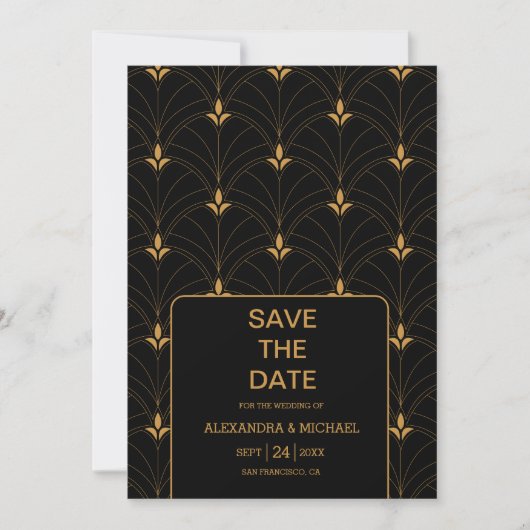 Save The Date Elégant Mariage Art déco noir et or (Devant)