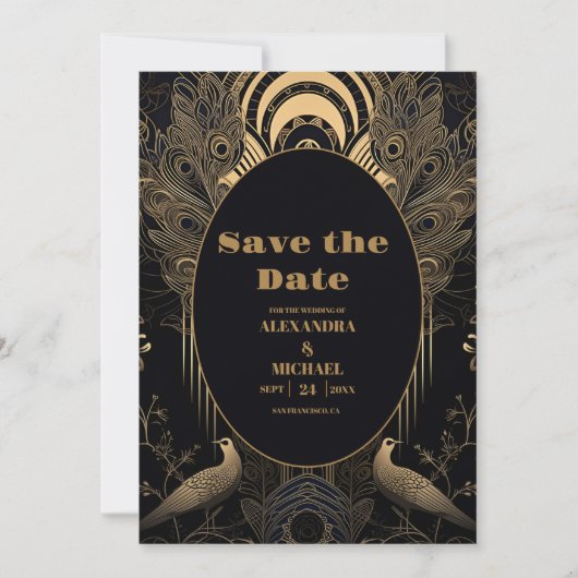 Save The Date Elégant Mariage Art Déco Peacocks (Devant)