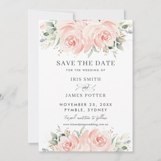 Save The Date Élégant Mariage aux Roses Florales Douces de Teint (Devant)