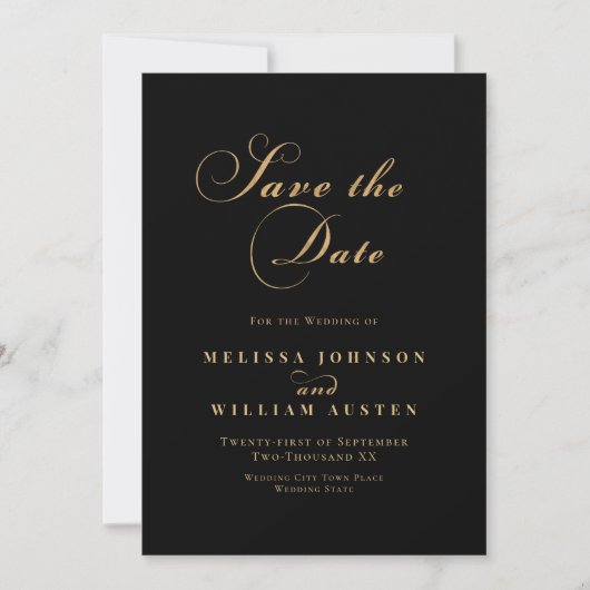 Save The Date Élégant Mariage Black Gold (Devant)