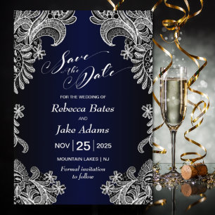 Save The Date Élégant Mariage bleu dentelle blanche