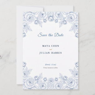 Save The Date Élégant mariage bleu et blanc à motifs floraux de