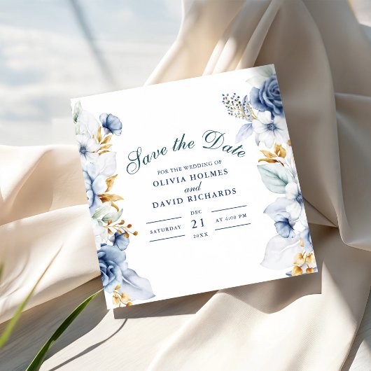 Save The Date Élégant Mariage bleu et or floral