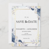 Save The Date Elégant Mariage bleu et or floral Dusty (Devant)