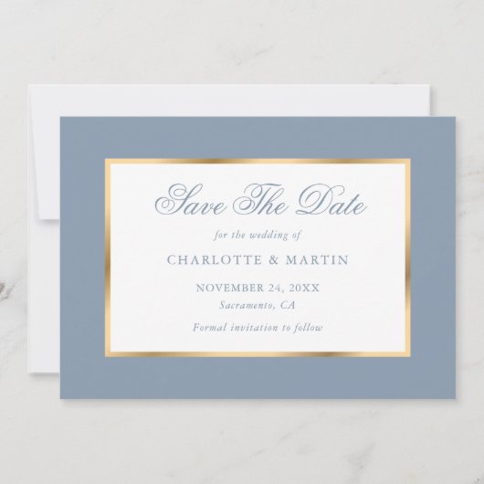 Save The Date Elégant Mariage bleu or Dusty (Devant)