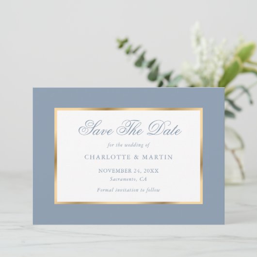 Save The Date Elégant Mariage bleu or Dusty (Debout devant)