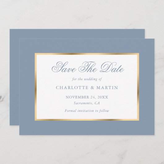 Save The Date Elégant Mariage bleu or Dusty (Devant / Derrière)