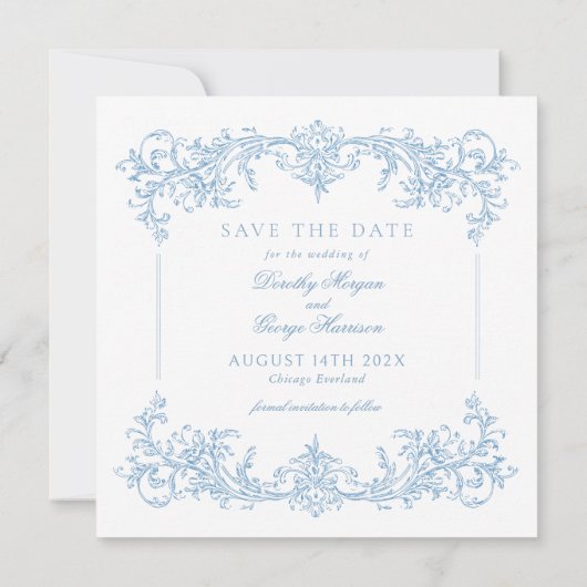 Save The Date Elégant Mariage Bleu Victorien Enregistrer la date (Dos)
