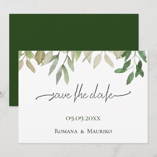 Save The Date Élégant Mariage bohème profond vert (Devant / Derrière)