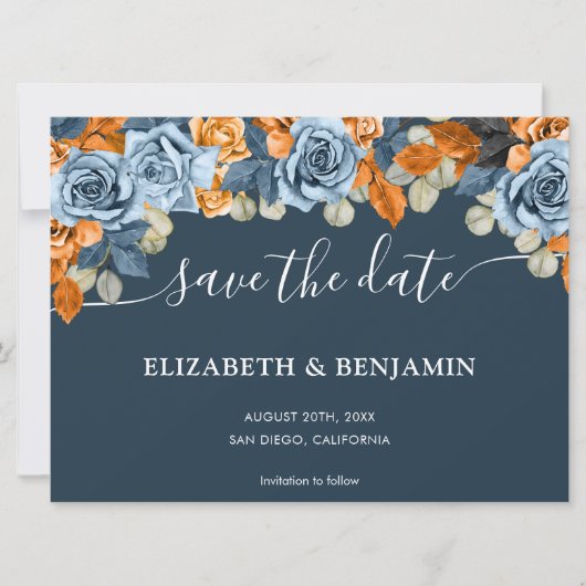 Save The Date Elégant Mariage Boho Marine Bleu Et Rust Terracota (Devant)