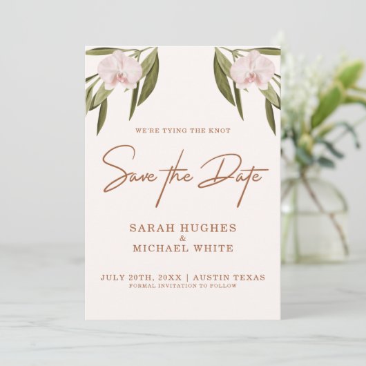 Save The Date Élégant Mariage Brown rose vert orchidée Boho  (Debout devant)