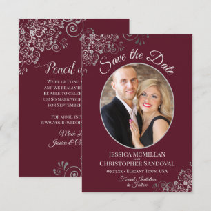 Save The Date Élégant Mariage Burgundy avec Dentelle Argentée et
