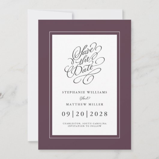 Save The Date Élégant Mariage Chic Script tendance Moody Purple (Devant)