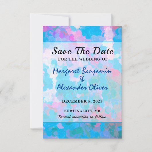 Save The Date Elégant Mariage couleur bleu rose Aquarelle (Devant)