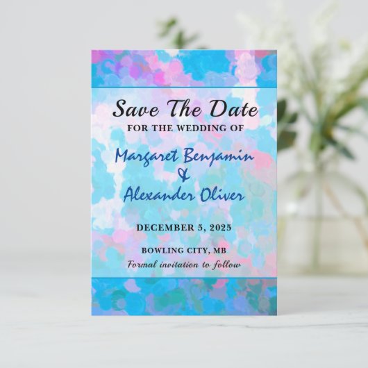 Save The Date Elégant Mariage couleur bleu rose Aquarelle (Debout devant)