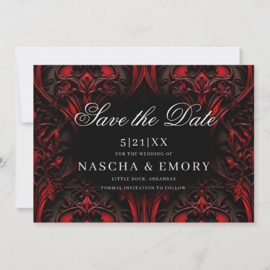 Save The Date Elégant Mariage damassé gothique rouge et noir (Devant)