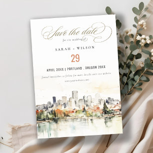 Save The Date Élégant Mariage d'aquarelle de Portland Oregon Sky